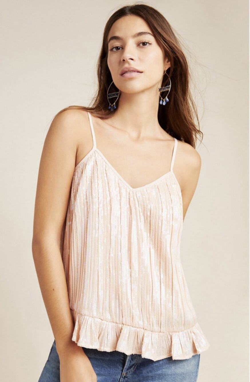Anthropologie Amelie Sequin Tank Pink Ruffled Size 10 Party Iridescent Beaded